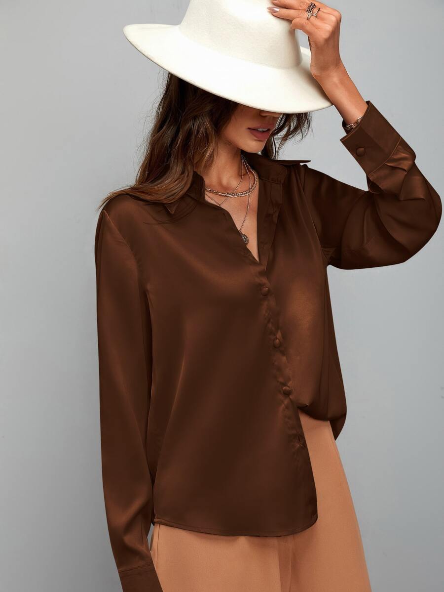 SHEIN Clasi Áo sơ mi satin trơn cài nút, áo dài tay - Màu nâu Sô-cô-la - Xem 1