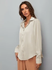 SHEIN Clasi Satin Solid Button Up Shirt - Beige - View 3