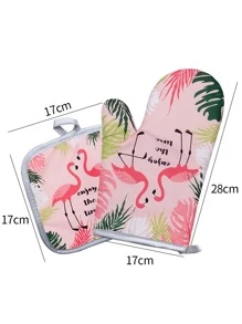 2入組火烈鳥圖案隔熱手套和隔熱墊套裝 - 彩色 - 查看 2