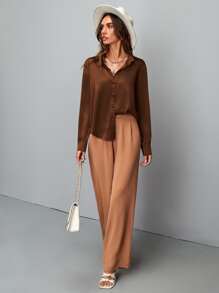 SHEIN Clasi Áo sơ mi satin trơn cài nút, áo dài tay - Màu nâu Sô-cô-la - Xem 5