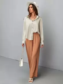 SHEIN Clasi Satin Solid Button Up Shirt - Beige - View 4