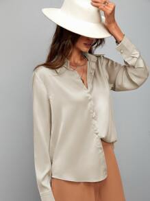 SHEIN Clasi Satin Solid Button Up Shirt - Beige - View 1