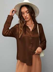 SHEIN Clasi Áo sơ mi satin trơn cài nút, áo dài tay - Màu nâu Sô-cô-la - Xem 6