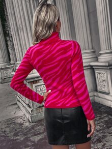 Knit Mix Áo len dệt kim họa tiết ngựa vằn cổ cao tay dài bó sát ngắn cho nữ (Họa tiết hoa ngẫu nhiên) - Màu Hồng Tươi - Xem 2