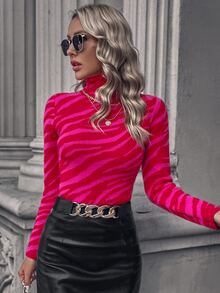 Knit Mix Áo len dệt kim họa tiết ngựa vằn cổ cao tay dài bó sát ngắn cho nữ (Họa tiết hoa ngẫu nhiên) - Màu Hồng Tươi - Xem 5