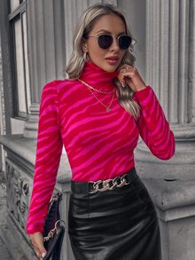 Knit Mix Áo len dệt kim họa tiết ngựa vằn cổ cao tay dài bó sát ngắn cho nữ (Họa tiết hoa ngẫu nhiên) - Màu Hồng Tươi - Xem 6