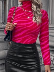 Knit Mix Áo len dệt kim họa tiết ngựa vằn cổ cao tay dài bó sát ngắn cho nữ (Họa tiết hoa ngẫu nhiên) - Màu Hồng Tươi - Xem 8