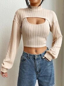 SHEIN Privé unicolor Top tank corto & Bolero - Caqui - Ver 1