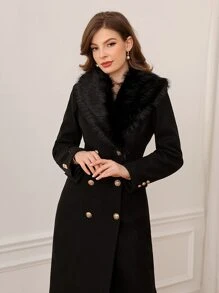 Modelyn Borg Collar Double Breasted Black Overcoat In Fall/Winter - Black - View 3