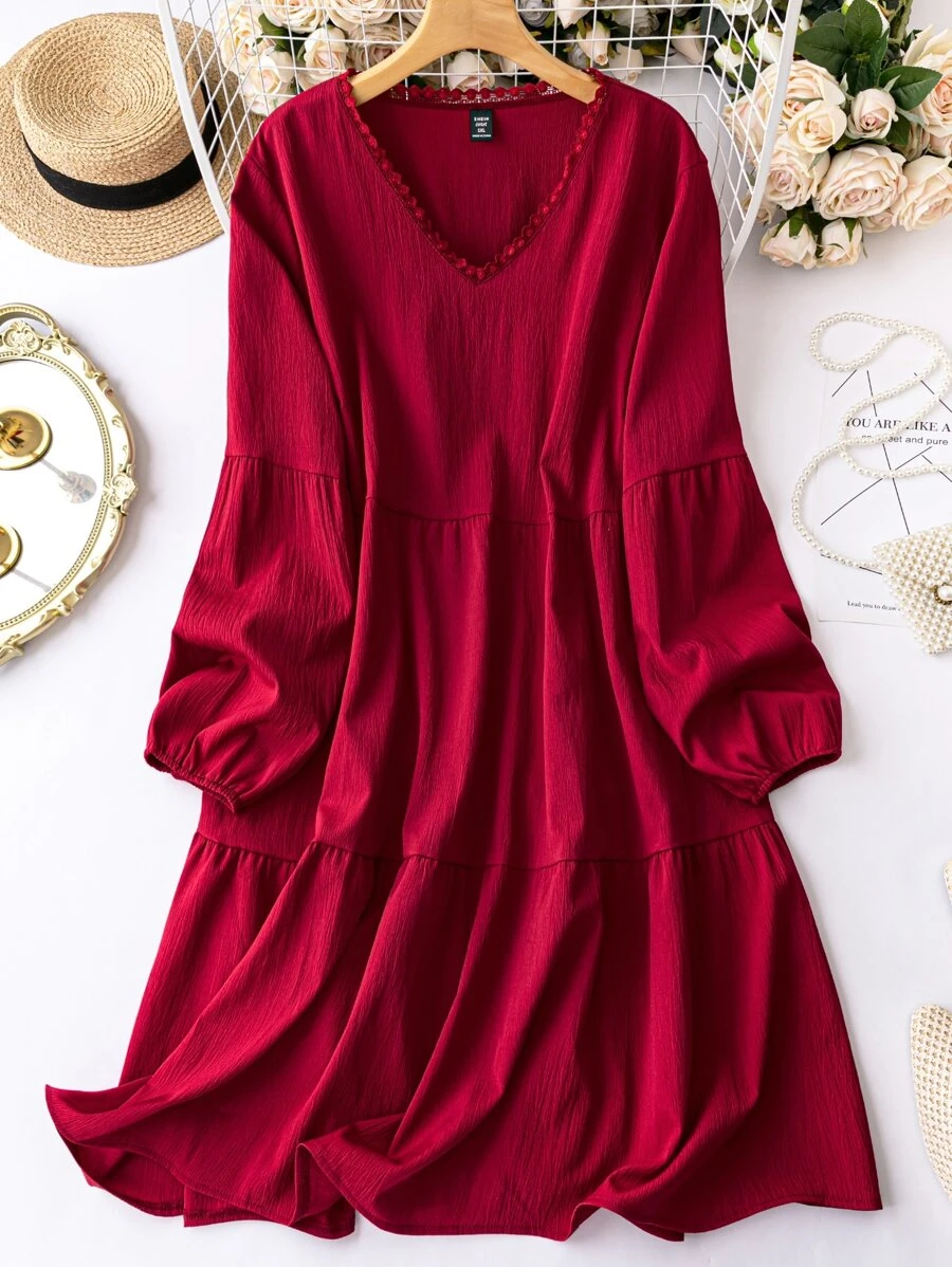 SHEIN LUNE Plus Lantern Sleeve Ruffle Hem Smock Dress - Burgundy - View 1