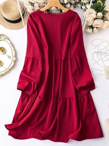 SHEIN LUNE Plus Lantern Sleeve Ruffle Hem Smock Dress - Burgundy - View 2