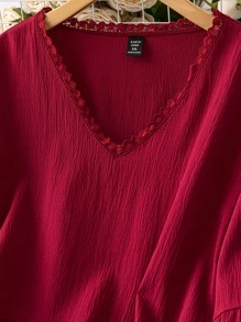 SHEIN LUNE Plus Lantern Sleeve Ruffle Hem Smock Dress - Burgundy - View 3