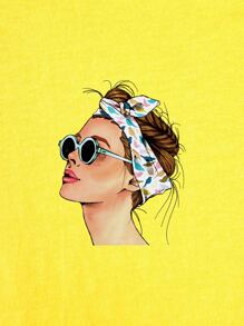 SHEIN LUNE Figure Graphic Short Sleeve Tee - Yellow - View 3