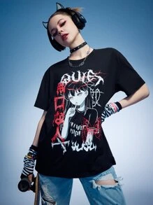 ROMWE Anime Letter Figure Graphic Tee, School, Unisex - Black - View 1