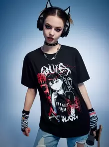 ROMWE Anime Letter Figure Graphic Tee, School, Unisex - Black - View 2