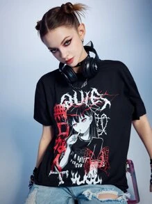 ROMWE Anime Letter Figure Graphic Tee, School, Unisex - Black - View 3