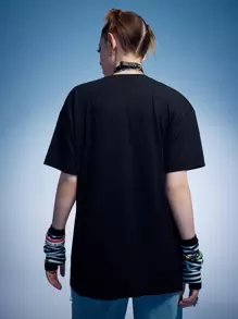 ROMWE Anime Letter Figure Graphic Tee, School, Unisex - Black - View 4