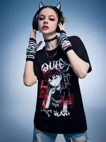 ROMWE Anime Letter Figure Graphic Tee, School, Unisex - Black - View 6