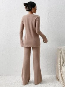 SHEIN Essnce Split Hem Tee & Flare Leg Trousers - Khaki - View 2