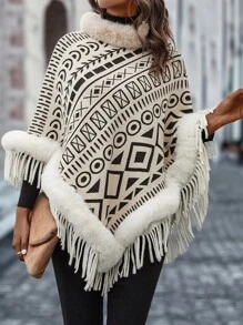 Jersey poncho con patrón geométrico ribete lanudo bajo con fleco - Albaricoque - Ver 1