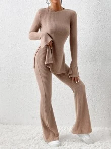 SHEIN Essnce Split Hem Tee & Flare Leg Trousers - Khaki - View 3