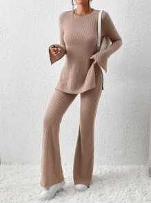 SHEIN Essnce Split Hem Tee & Flare Leg Trousers - Khaki - View 4