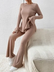 SHEIN Essnce Split Hem Tee & Flare Leg Trousers - Khaki - View 5