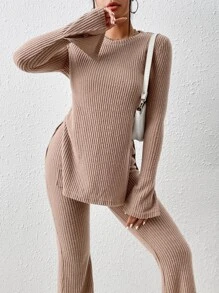 SHEIN Essnce Split Hem Tee & Flare Leg Trousers - Khaki - View 6