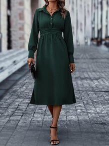 SHEIN LUNE Vestido camisero de cintura con fruncido con botón delantero - Verde Oscuro - Ver 1