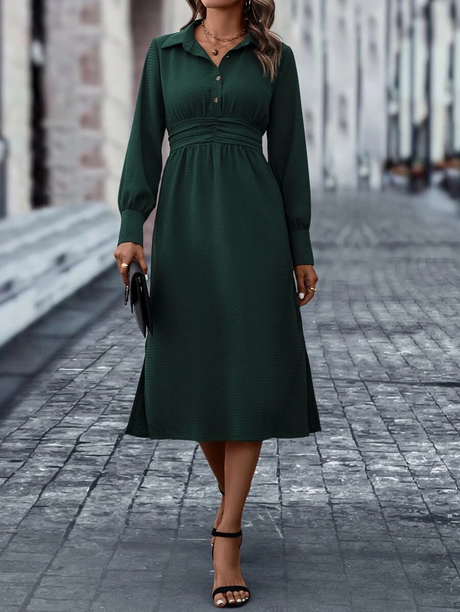 SHEIN LUNE Vestido camisero de cintura con fruncido con botón delantero - Verde Oscuro - Ver 1