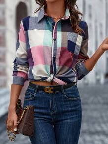 GENKIRA Plaid Pocket Patched Button Up Shirt - Multicolor - View 1