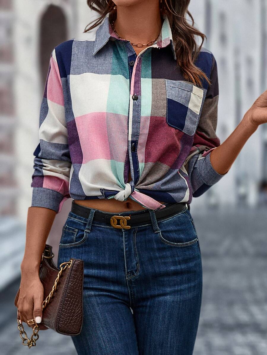 GENKIRA Plaid Pocket Patched Button Up Shirt - Multicolor - View 1