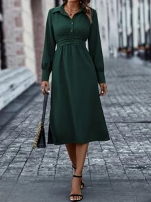 SHEIN LUNE Vestido camisero de cintura con fruncido con botón delantero - Verde Oscuro - Ver 4
