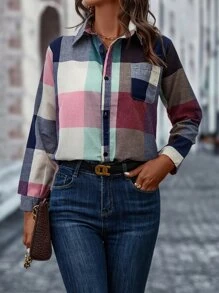 GENKIRA Plaid Pocket Patched Button Up Shirt - Multicolor - View 3