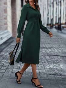 SHEIN LUNE Vestido camisero de cintura con fruncido con botón delantero - Verde Oscuro - Ver 5