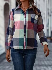 GENKIRA Plaid Pocket Patched Button Up Shirt - Multicolor - View 4