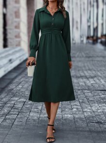 SHEIN LUNE Vestido camisero de cintura con fruncido con botón delantero - Verde Oscuro - Ver 6