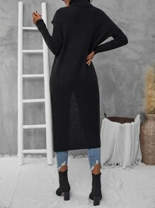 SHEIN LUNE Turtleneck Asymmetrical Hem Drop Shoulder Jumper - Black - View 2