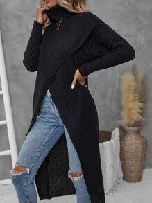 SHEIN LUNE Turtleneck Asymmetrical Hem Drop Shoulder Jumper - Black - View 3