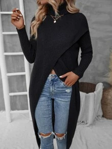 SHEIN LUNE Turtleneck Asymmetrical Hem Drop Shoulder Jumper - Black - View 5