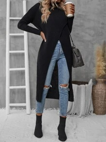 SHEIN LUNE Turtleneck Asymmetrical Hem Drop Shoulder Jumper - Black - View 6