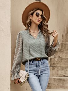 Tie Neck Flounce Sleeve Blouse - Army Green - View 1
