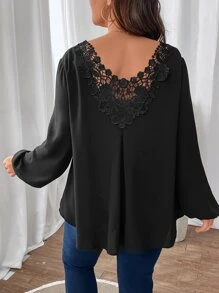 SHEIN Franclia Plus Guipure Lace Insert Lantern Sleeve Blouse - Black - View 1