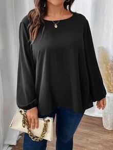 SHEIN Franclia Plus Guipure Lace Insert Lantern Sleeve Blouse - Black - View 2