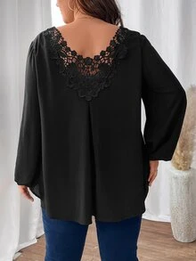 SHEIN Franclia Plus Guipure Lace Insert Lantern Sleeve Blouse - Black - View 4