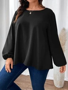 SHEIN Franclia Plus Guipure Lace Insert Lantern Sleeve Blouse - Black - View 5
