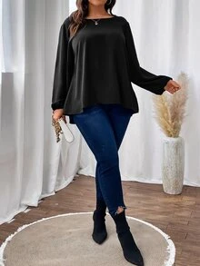 SHEIN Franclia Plus Guipure Lace Insert Lantern Sleeve Blouse - Black - View 6