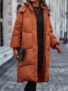 Casual Solid Color Hooded Padded Padded Coat Clothes Winter - Burnt Orange - View 1
