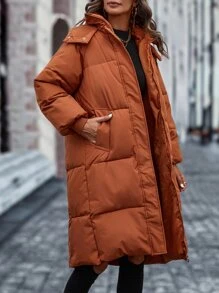 Casual Solid Color Hooded Padded Padded Coat Clothes Winter - Burnt Orange - View 3
