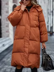 Casual Solid Color Hooded Padded Padded Coat Clothes Winter - Burnt Orange - View 5